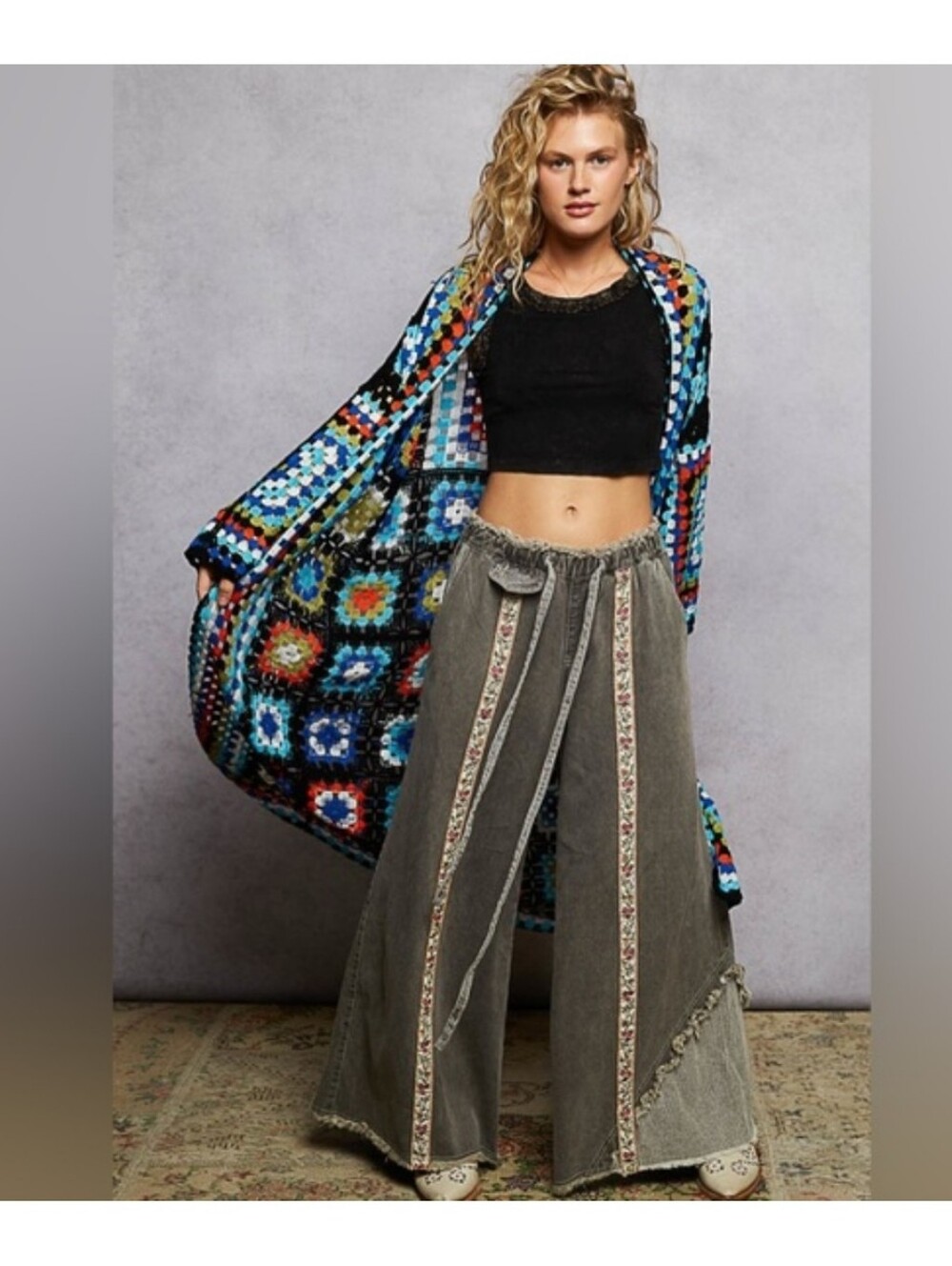 POL Crochet Maxi Cardigan - Black with Multicolor Floral Squares Granny Square - Picture 3 of 6